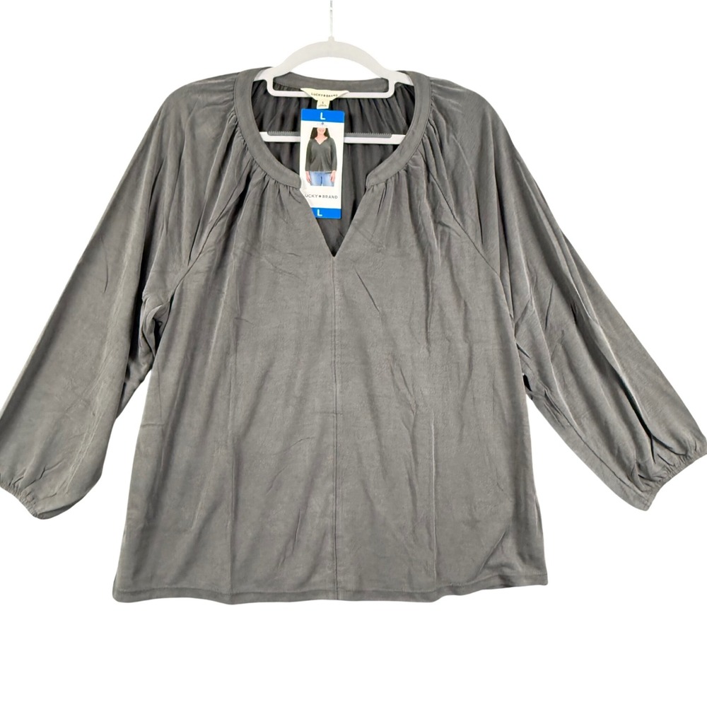 NEW Lucky Brand Women Large Top‎ Grey V-Neck Modal Blend Boho Neutral Softcore